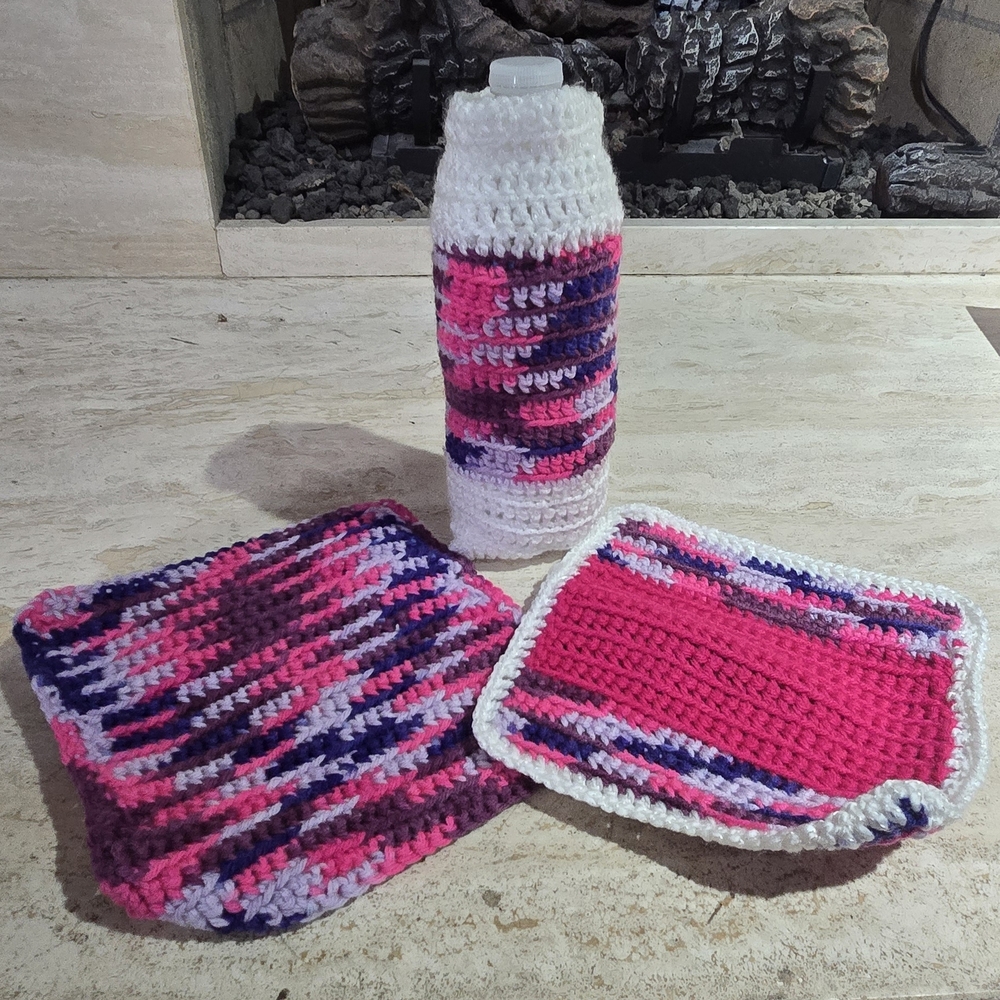 Handmade Crocheted Kitchen Set in Pink, Purple & White